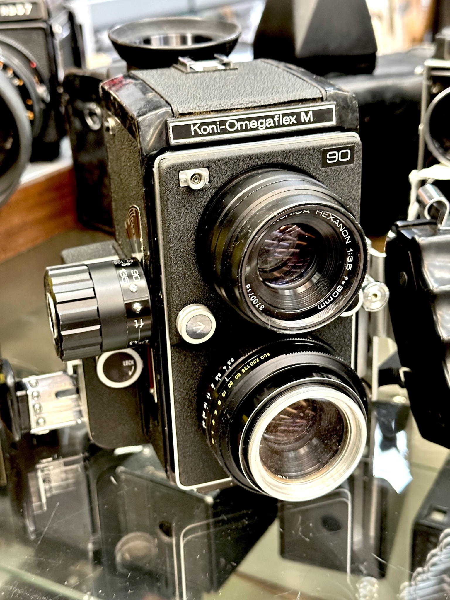 Konica Koni OmegaFlex M camera with interchangeable accessories