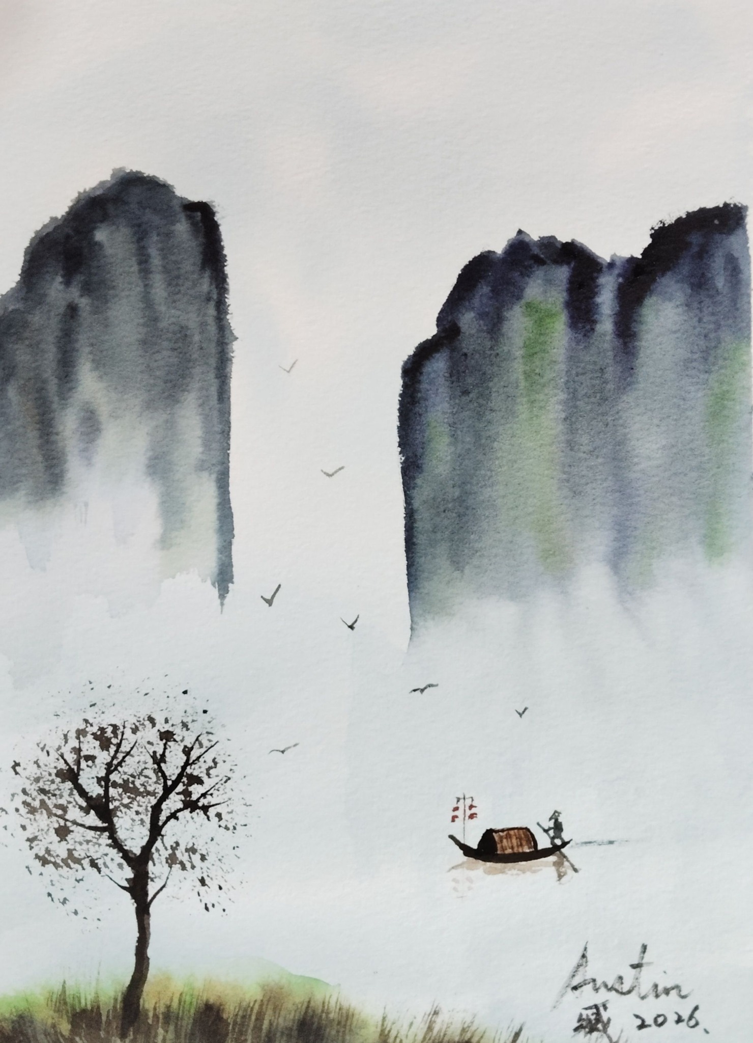 雲起舟行時 水彩，19*27CM 2026.04.TAIWAN