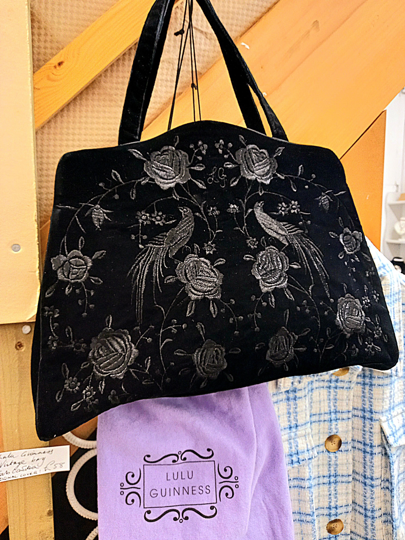 FISK - 1980s Lulu Guinness velvet, embroidered handbag with 