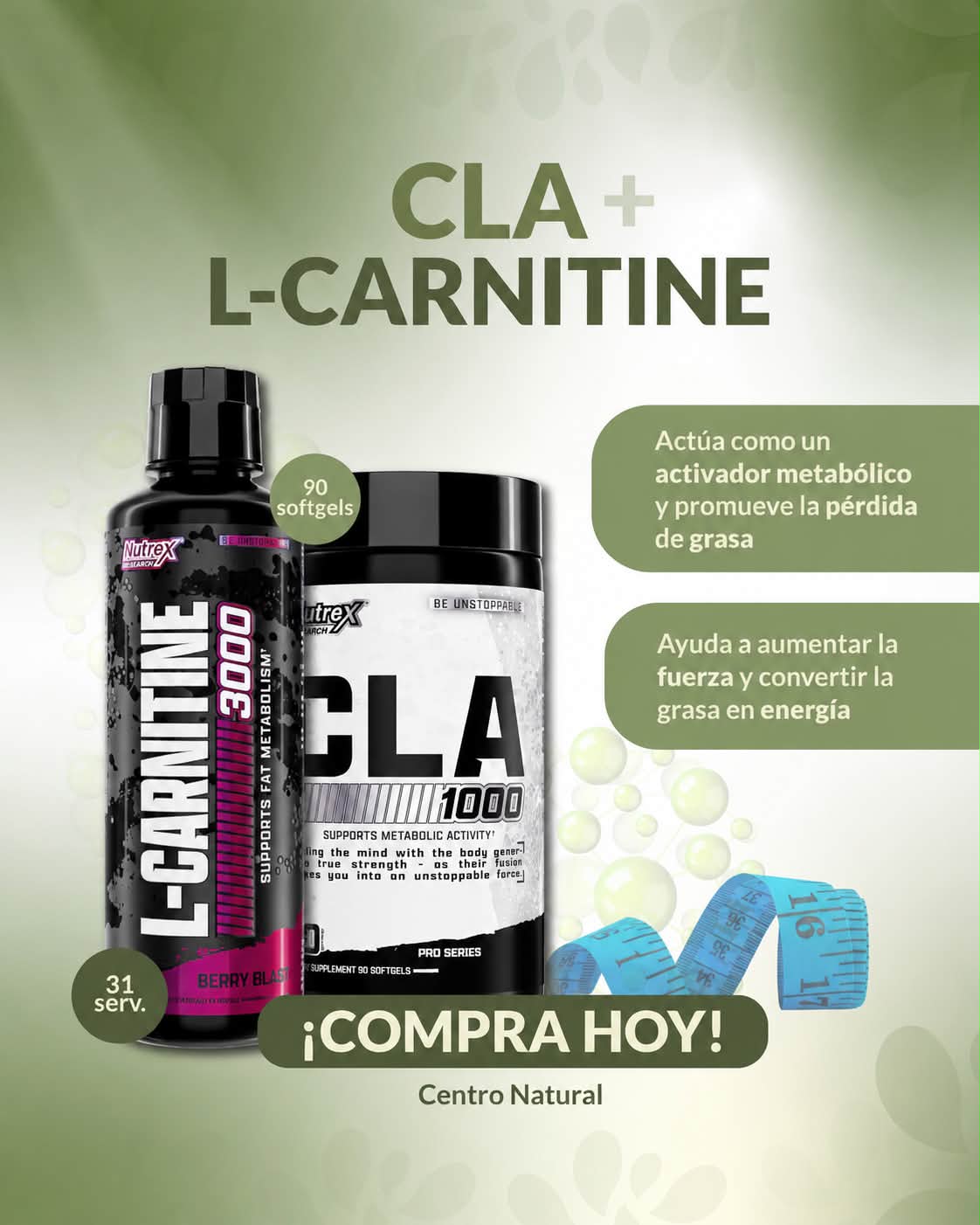 l carnitina y cla para que sirve Activa tu rutina llévala al próximo nivel. 💪🏼✨ + L-Carnitine es una combinación ideal complementar tu entrenamiento y apoyar tus metas de bienestar y rendimiento. Encuéntralo en Centro Natural Flavor:Ice Cream Cookie Glutathione IV Push Liposomal L-glutathione + Vitamin C