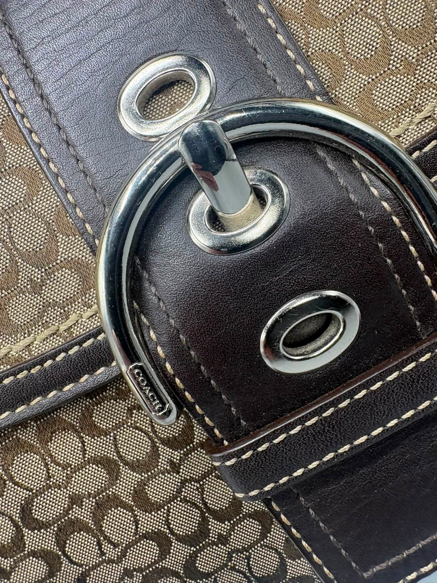 Vintage Coach Y2K mini 'C' jacquard and suede buckle flap bag