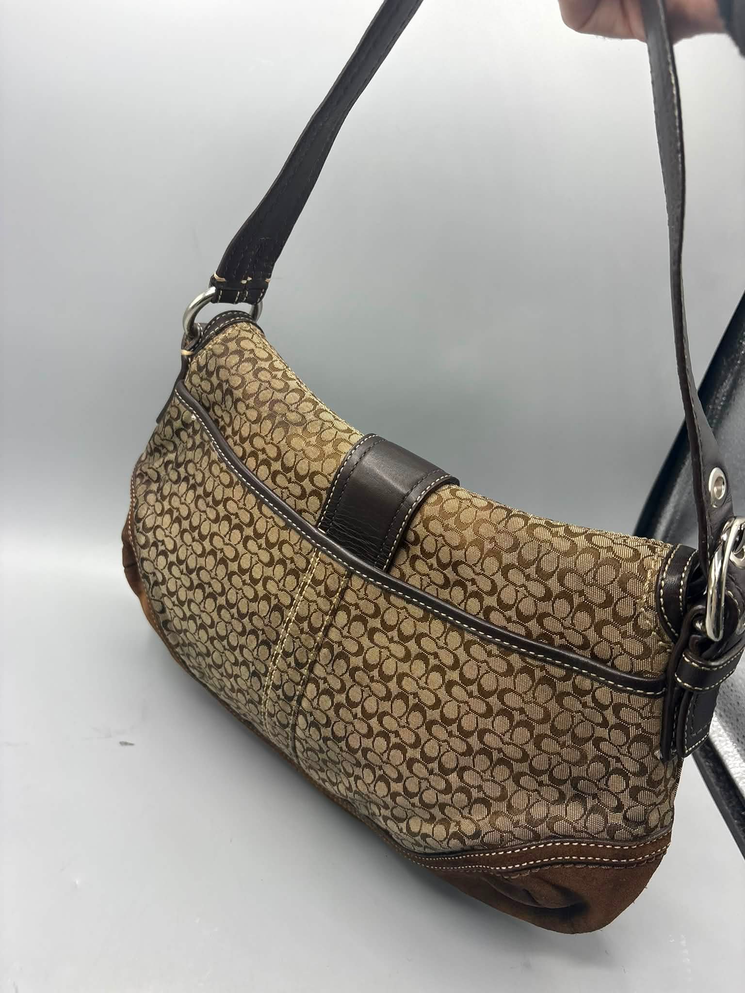 Vintage Coach Y2K mini 'C' jacquard and suede buckle flap bag