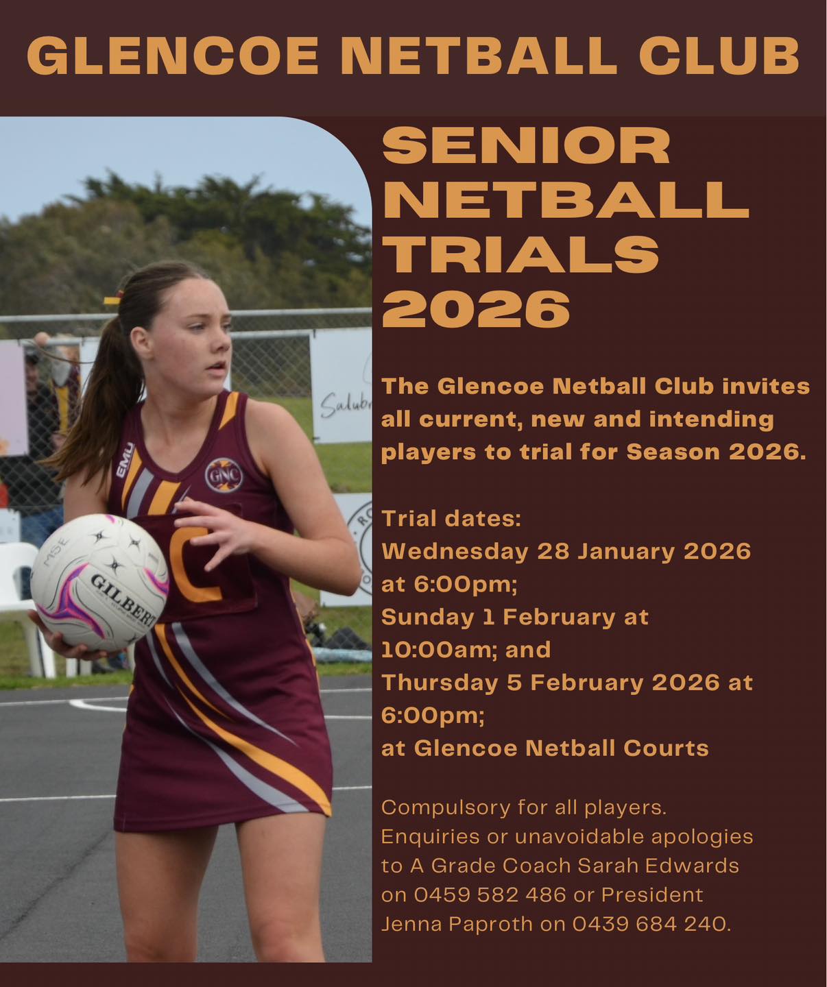 Glencoe - GLENCOE NETBALL CLUB SENIOR TRIALS 2026 Trials for ALL SENIOR ...
