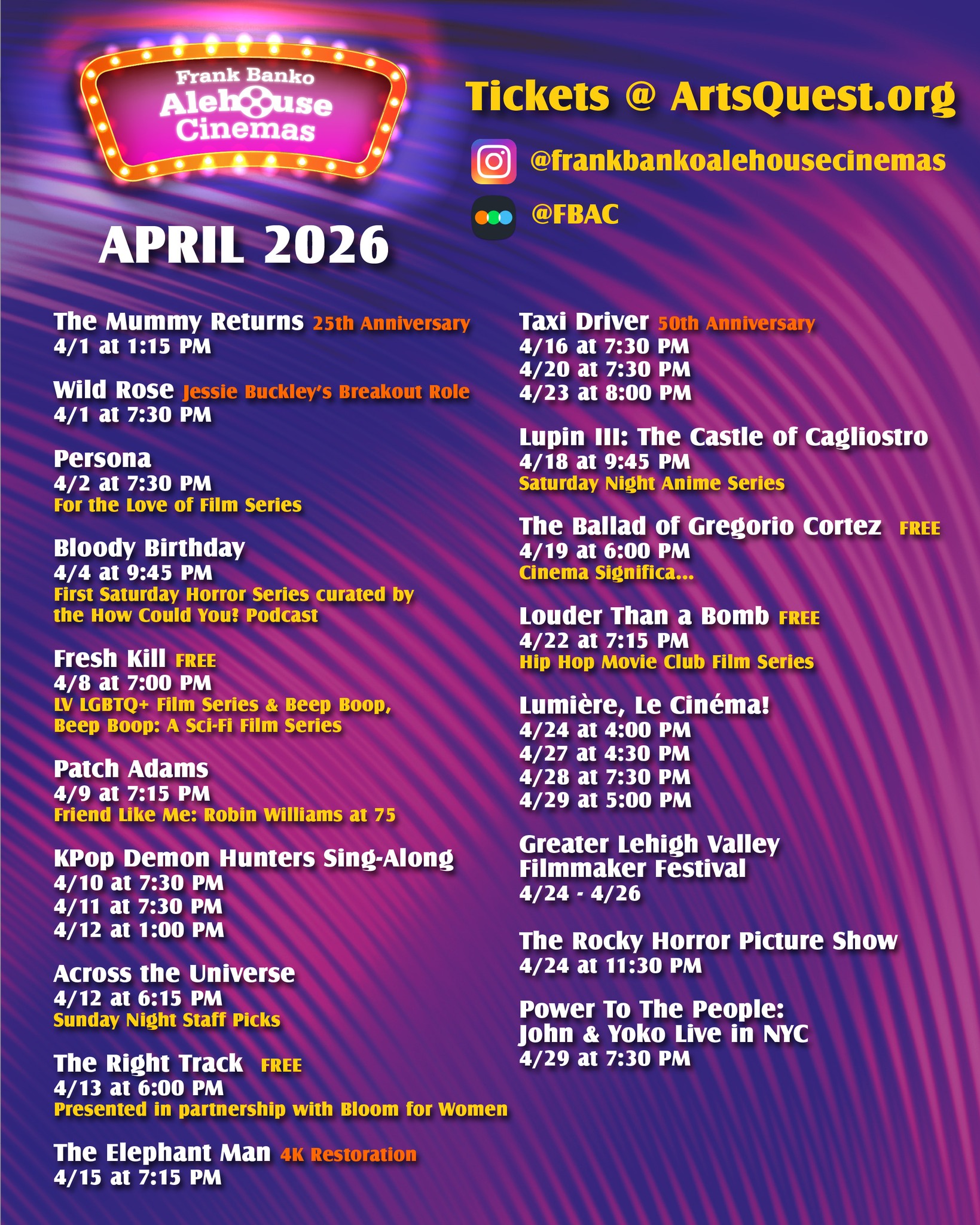Join us at Frank Banko Alehouse Cinemas this April for an exciting 