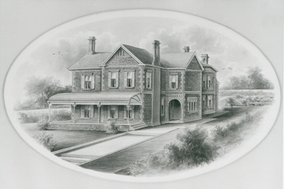 The Haunts - A watercolour in oval presentation of the residence of ...