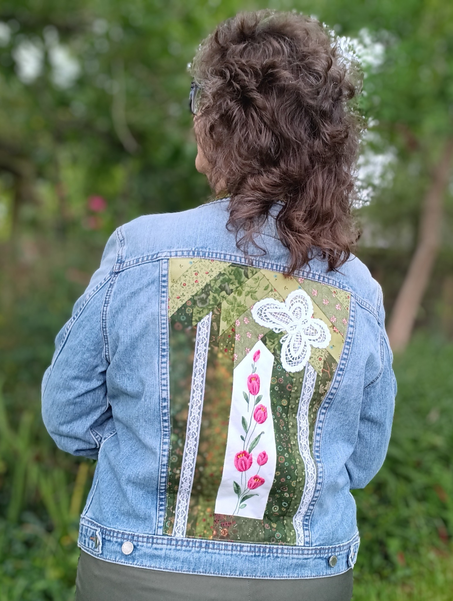 Upcycled denim jacket with vintage pink tulip handkerchief
