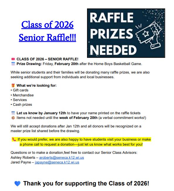 Seneca - The Senior Class of 2026 is asking for assistance with raffle ...