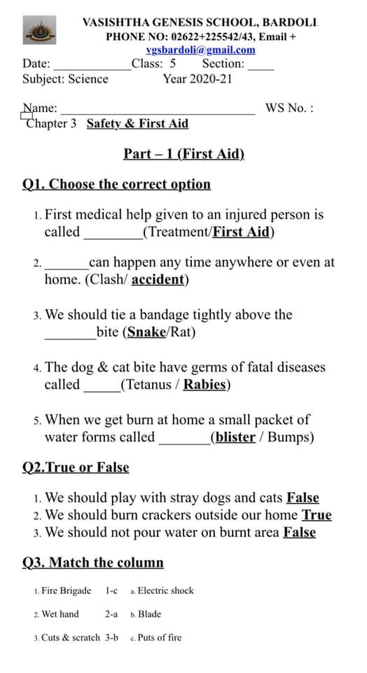 Safety And First Aid For Class 4 Worksheet With Answers Fire Safety