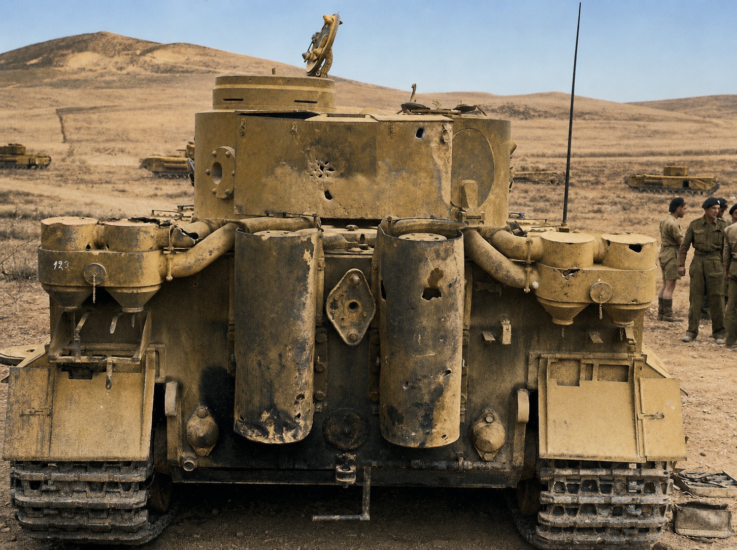 Destroyed Tiger I in Tunisia, North Africa. The vehicle has 14