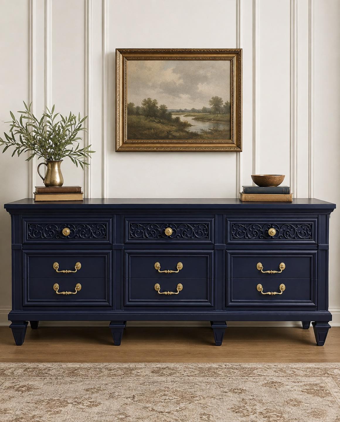 navy dresser with gold hardware 💙 NEW ARRIVAL from The Piece Painter! 💙 This gorgeous is bringing all the vintage charm to The Rustic Fox in Carol Stream! ✨ The rich navy finish, beautiful carved navy blue dresser with gold hardware