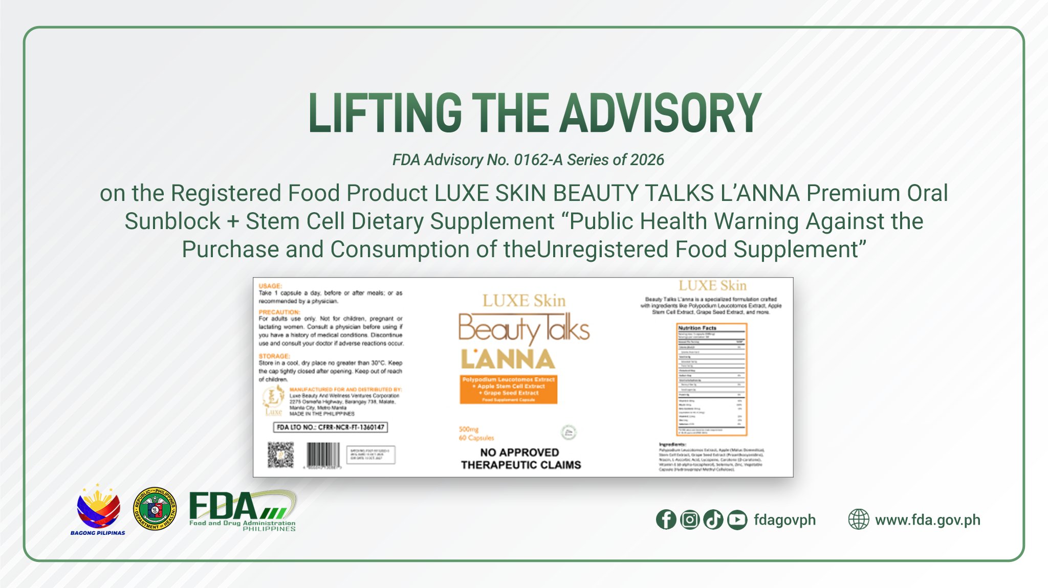 FDA Advisory No.2026-0162-A || Lifting the Advisory on the Registered Food Product LUXE SKIN BEAUTY TALKS L'ANNA Premium Oral Sunblock + Stem Cell Dietary Supplement “Public Health Warning Against the Purchase and