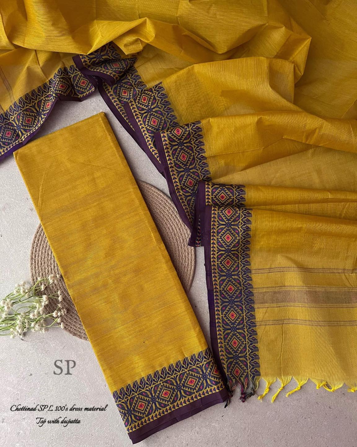 Chettinadu Cotton Dress Material with Duppata Our endless elegance chettinad dress material collections & beautiful embroidery collections 100 count pretty collections (No bottom) Kolam embroidery top and beautiful dupatta Thread count