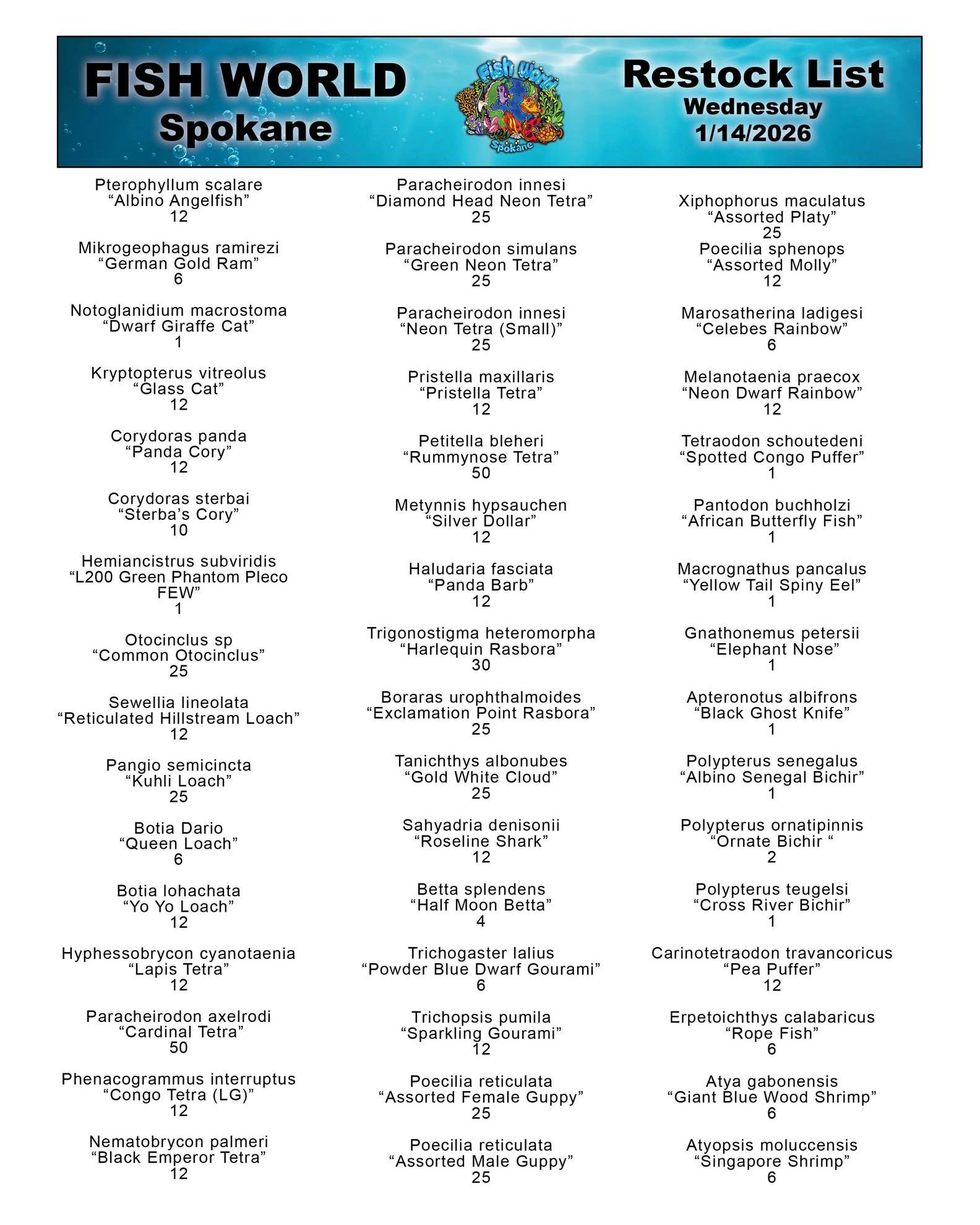 Fish World - **RESTOCK LIST**📃 See this week's updated... | Facebook