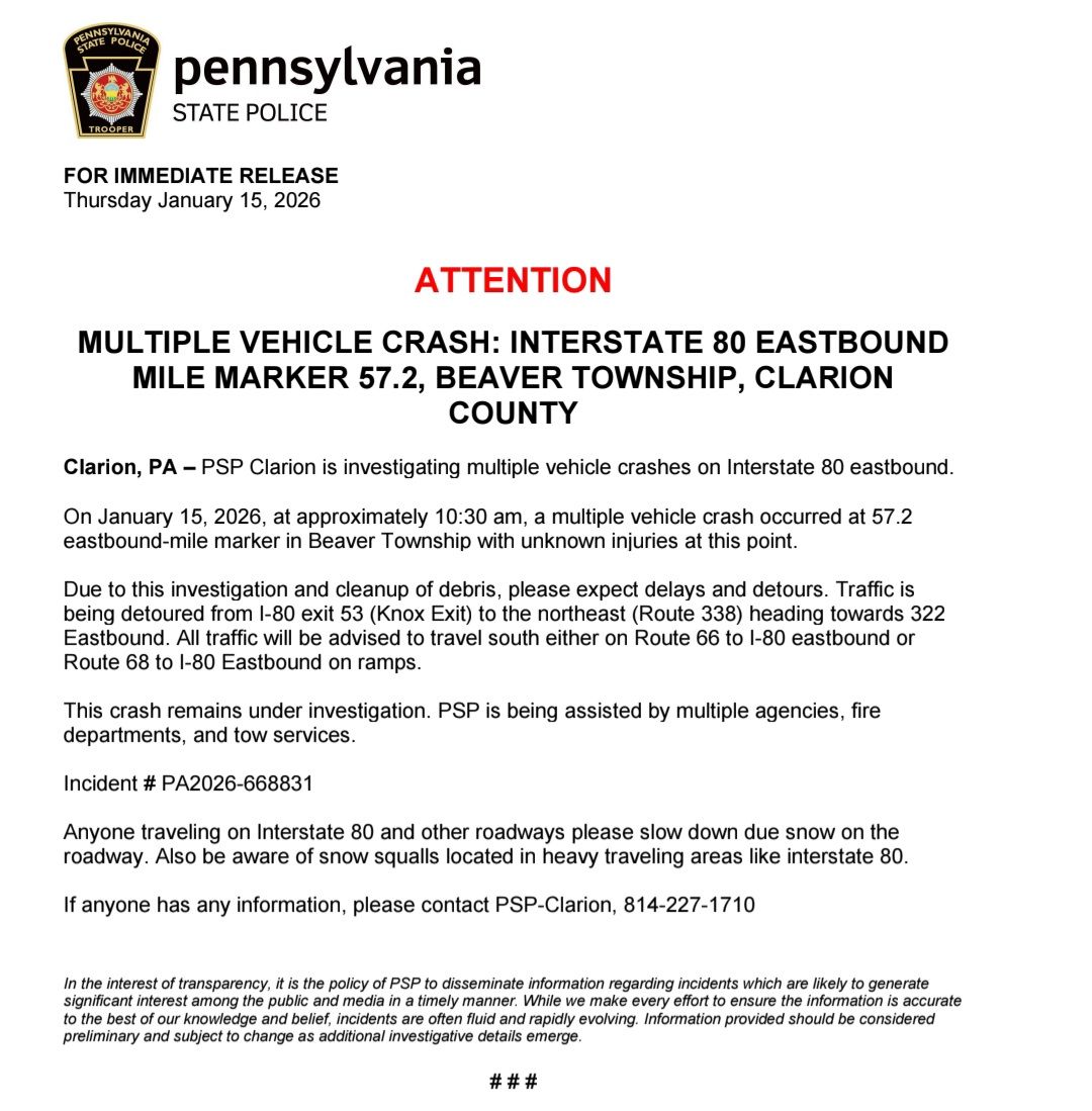 Mega - UPDATE: I-80 Eastbound is Open in Clarion County Motorists are ...