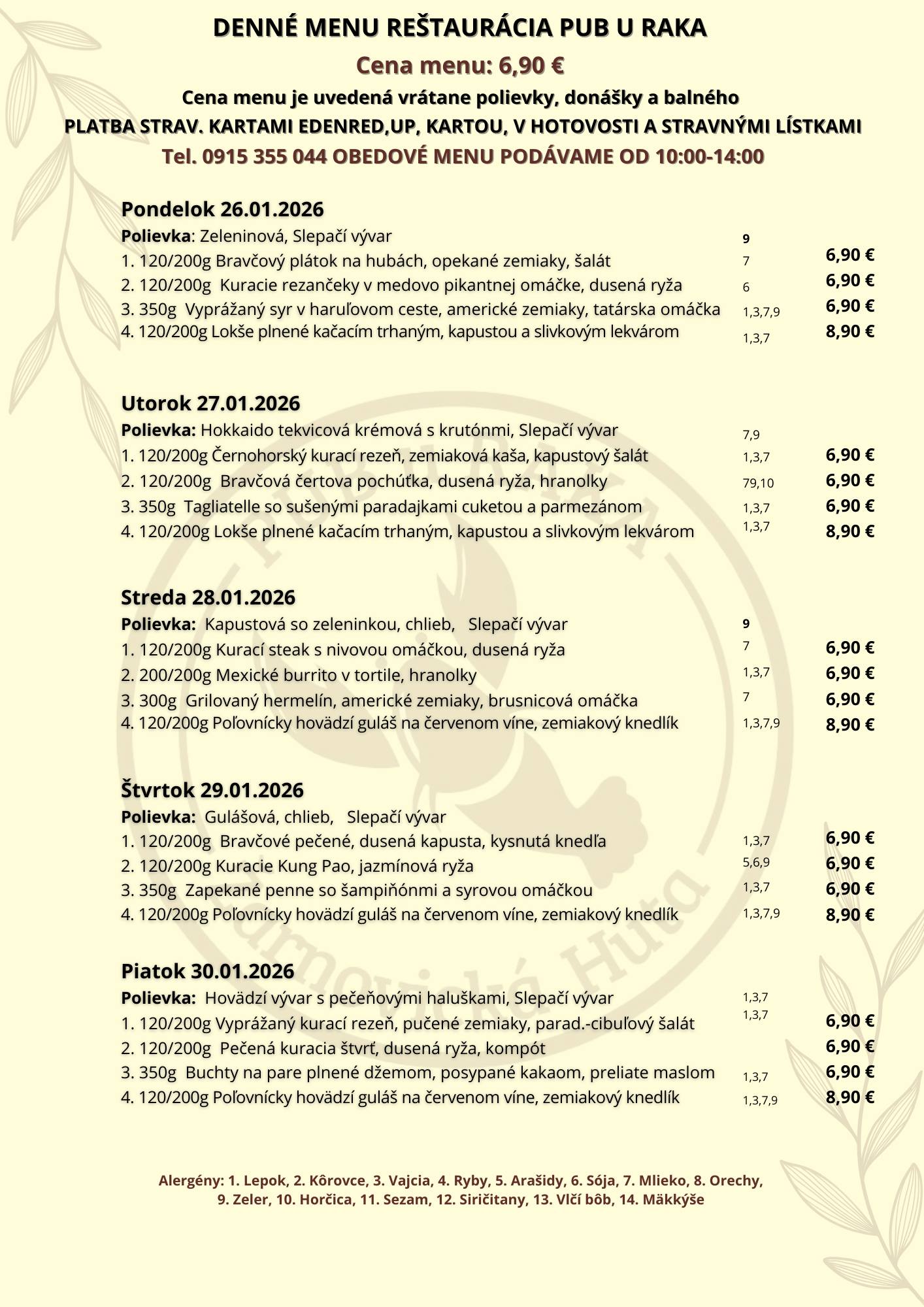 PUB u RAKA - OBEDOVÉ MENU 26.01.-30.01. 2025 Menu si... | Facebook
