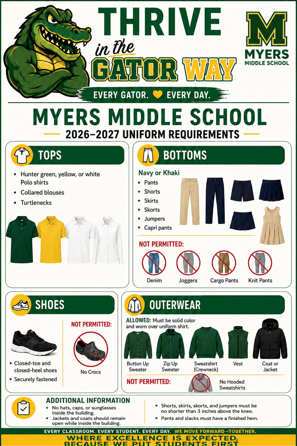 green gators dress code Myers Middle School 2026-2027 uniform requirements Elegant Long Sleeve Black Dress