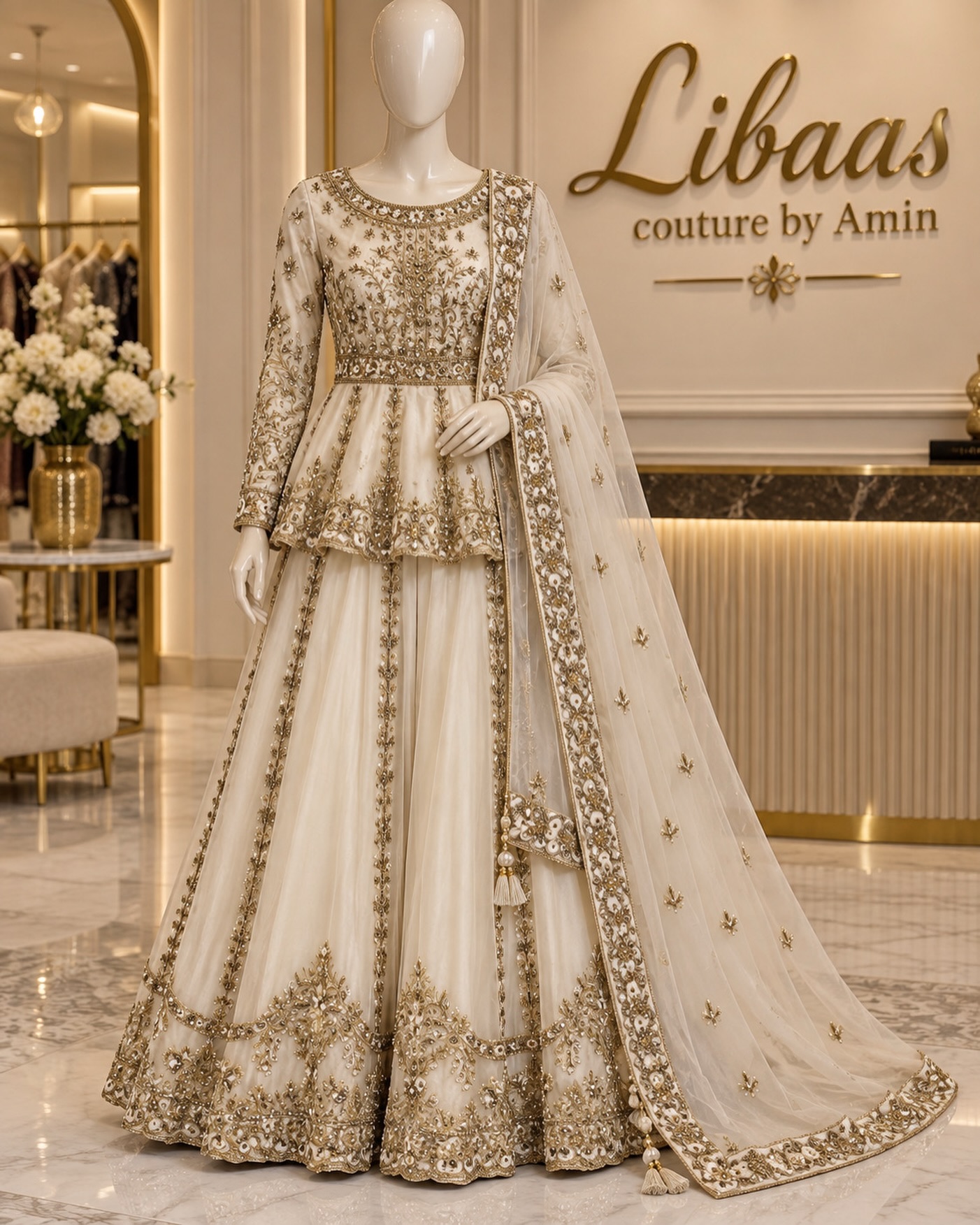 Ivory and antique-gold peplum lehenga set for bridal occasions
