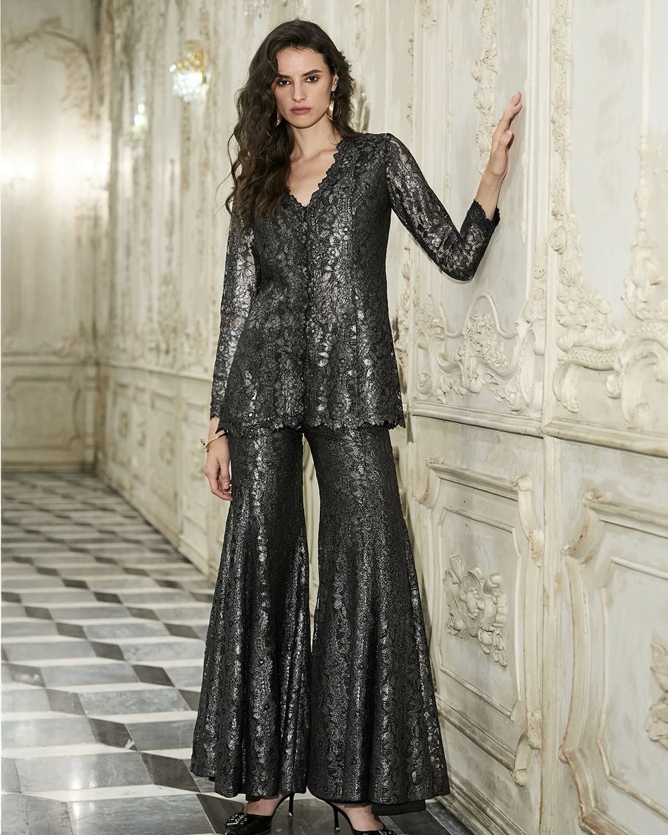 Delicacy, armored. Metallic Lace Peplum Top And Pant Intricate 