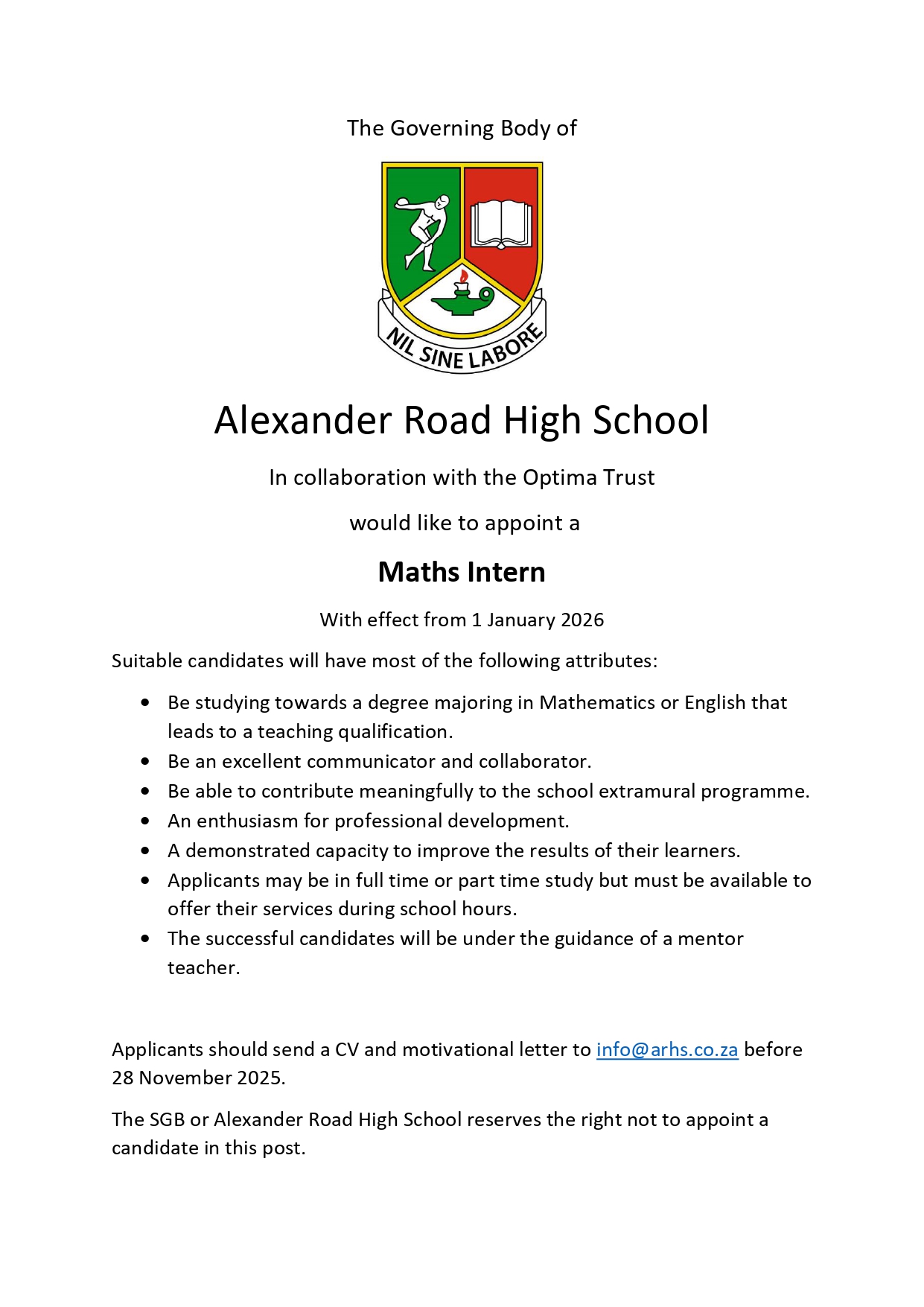 Applicants should send a CV... - Alexander Road High School | Facebook
