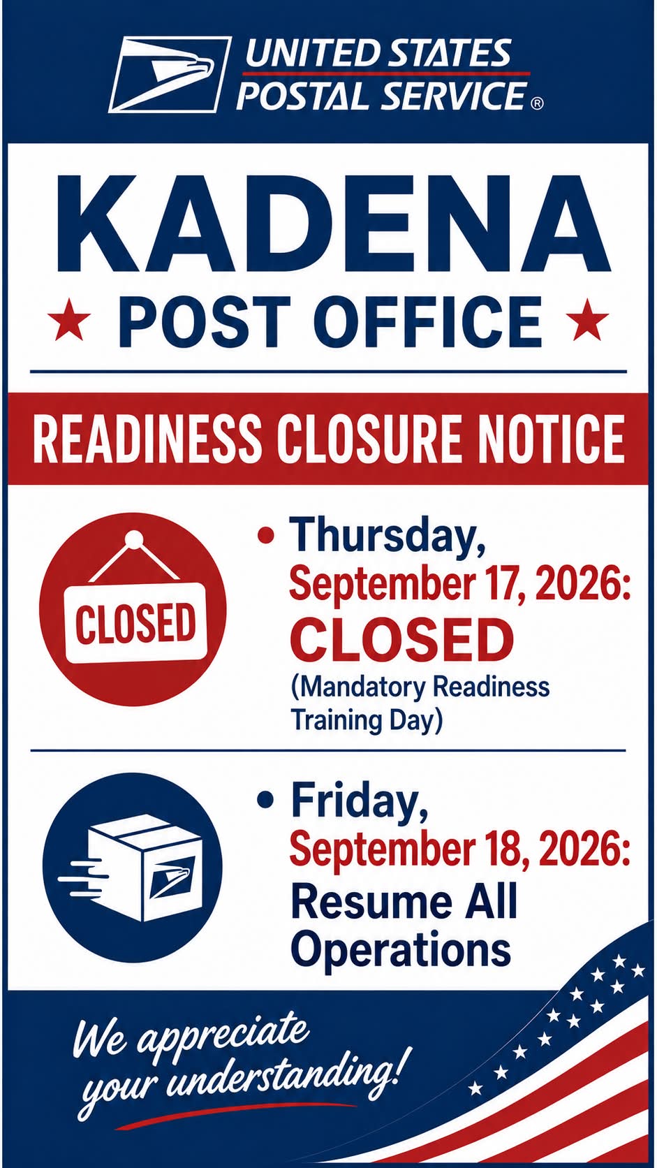 Kadena - *****POST OFFICE ANNOUNCEMENT***** To further expedite