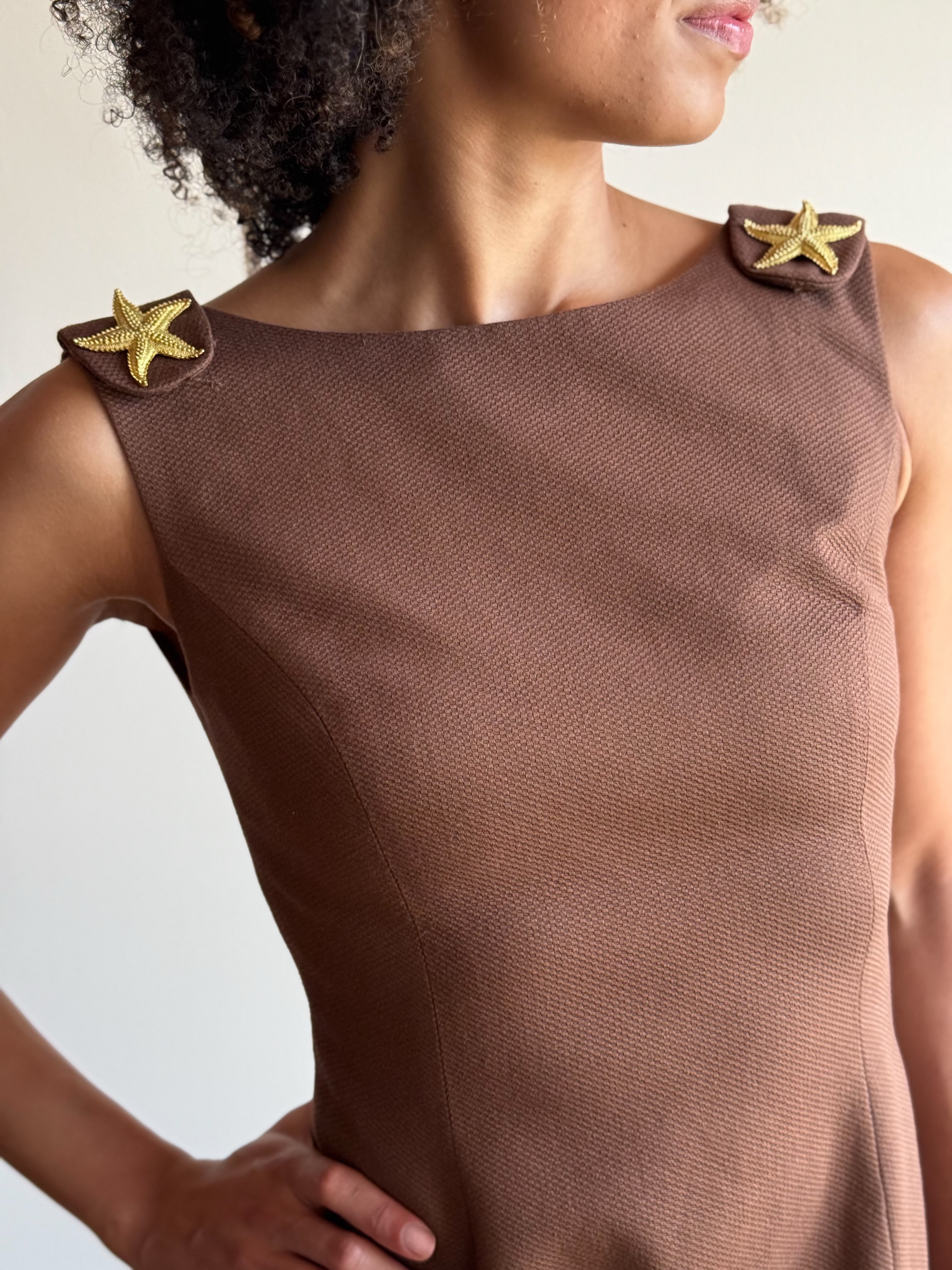 dress with gold starfish Brown shift embellishments at Plume boutique Sleeve Type:Long Sleeve