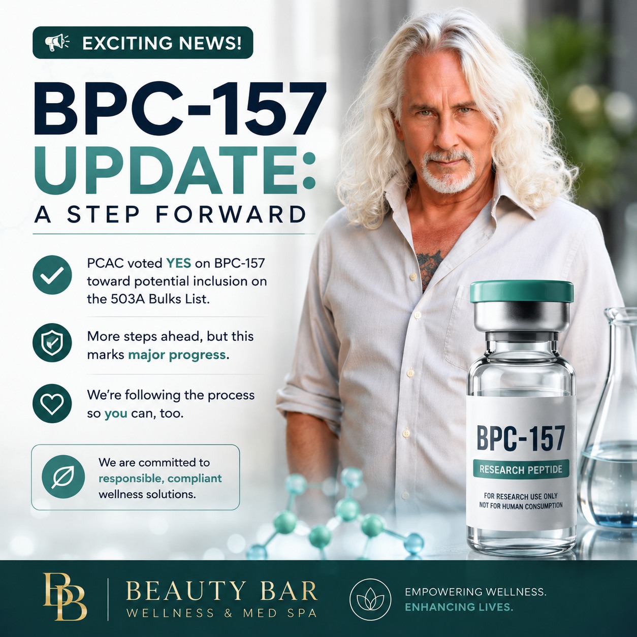🧬 **BIG NEWS FOR BPC-157!** There's an important regulatory update in the peptide wellness space. The FDA's **Pharmacy Compounding Advisory Committee (PCAC) voted YES on BPC-157** as part of the process toward