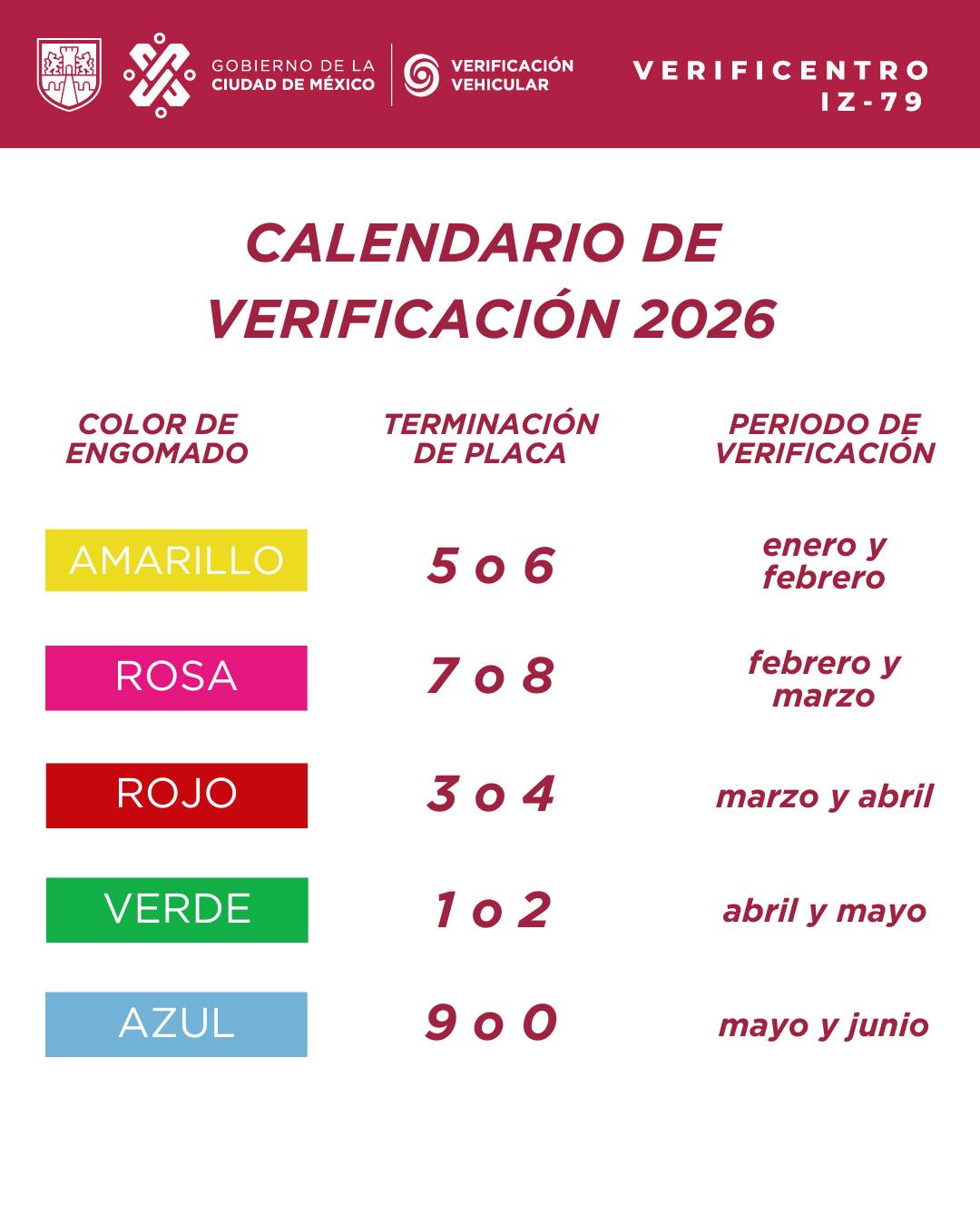 Verificentro - Te compartimos el calendario de verificación del 2026