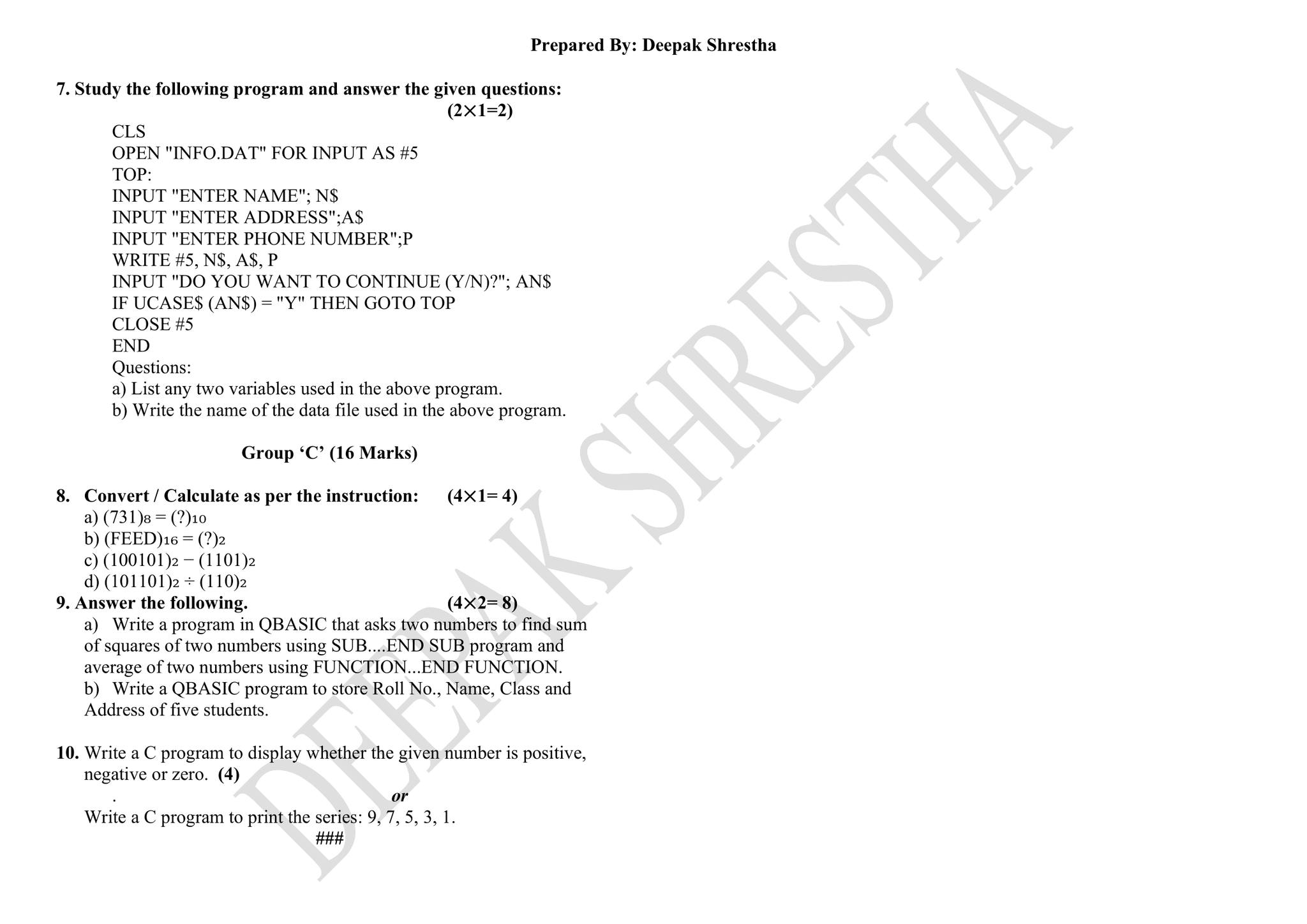 SLC / SEE Qbasic Programming With Computer Science - WAP that asks ...