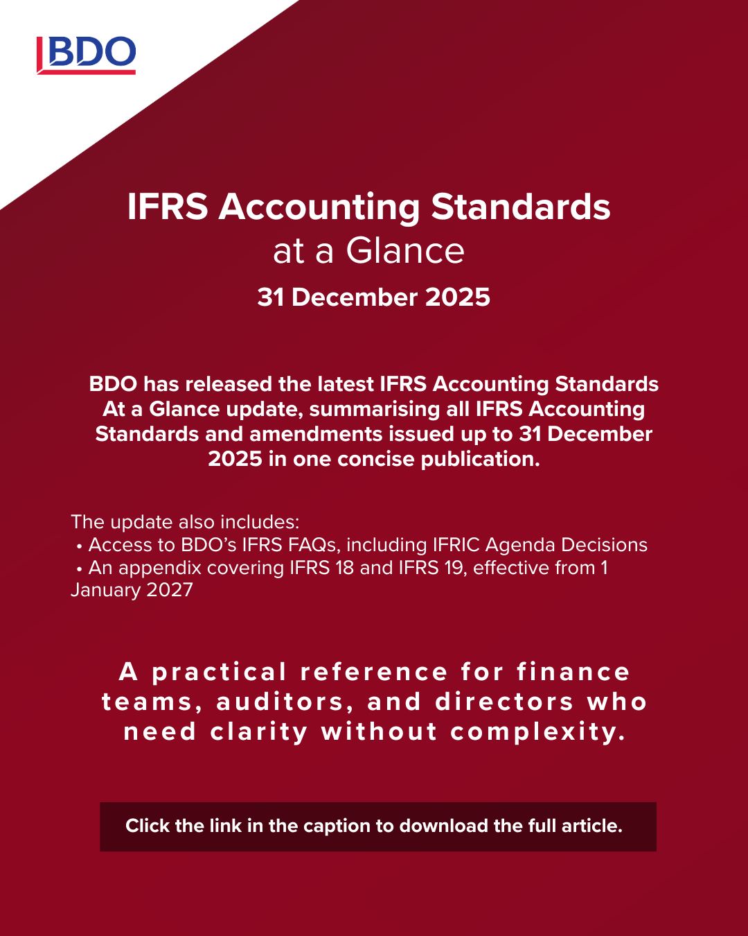 BDO has released the latest IFRS Accounting Standards At a Glance