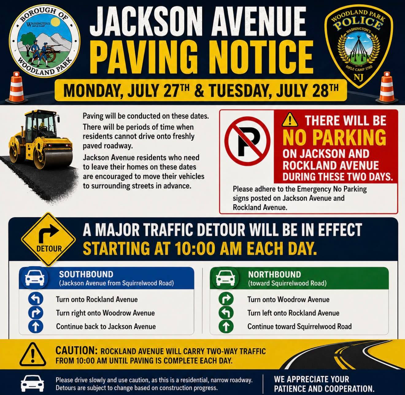 🚧 Jackson Avenue Paving Notice – Monday, July 27th & Tuesday