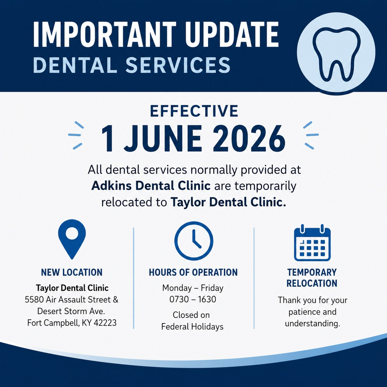 Effective June 1, 2026, all dental services normally provided at