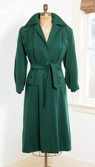 Vintage 1940s pine green gabardine coat with unique linings