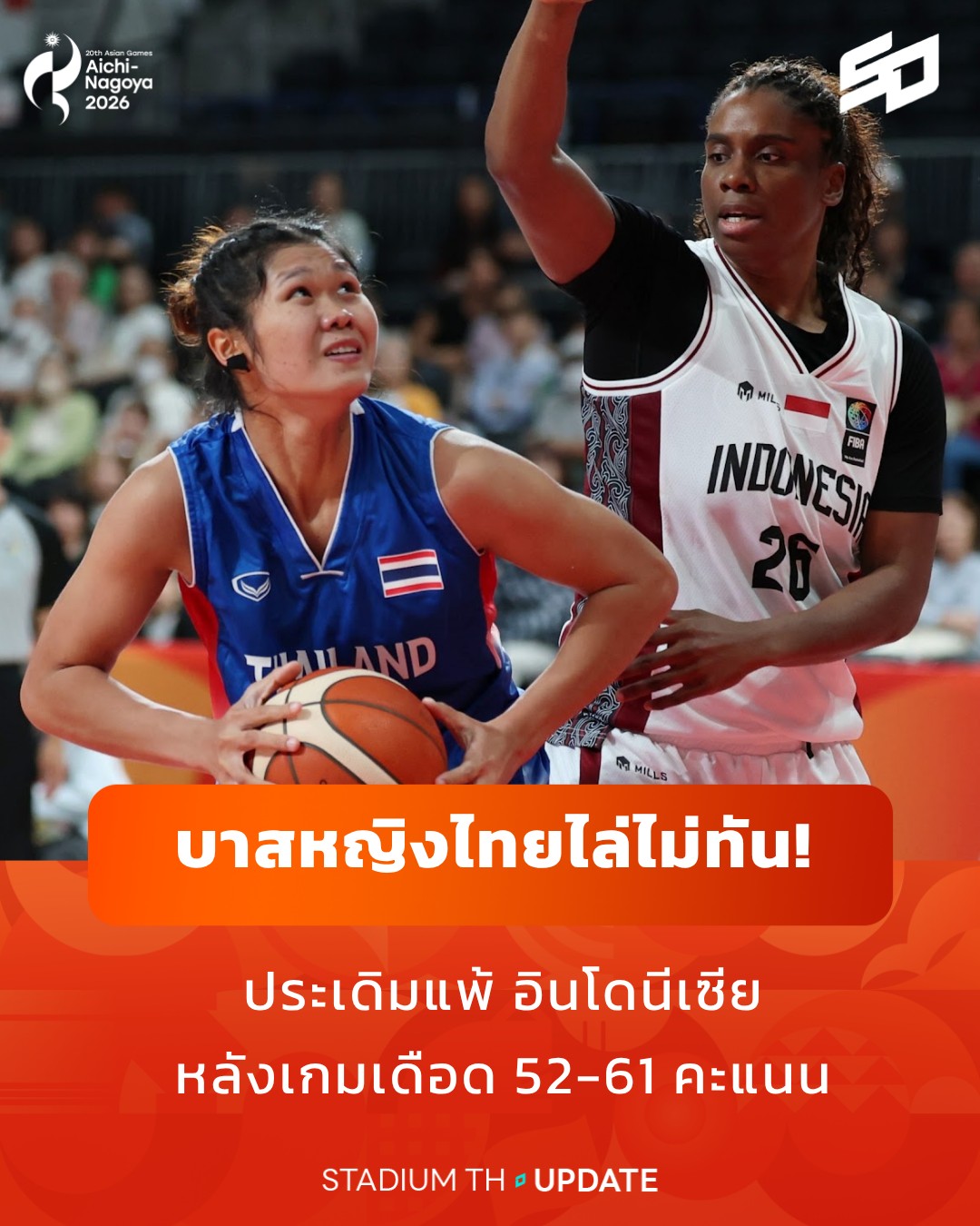 บาสหญิงไทยไล่ไม่ทัน! ประเดิมแพ้ อินโดนีเซีย หลังเกมเดือด 52-61 คะแนน 💔🏀 บาสเกตบอลหญิง เอเชียนเกมส์ รอบแบ่งกลุ่ม นัดแรก ไทย ประเดิมแพ้ อินโดนีเซีย 52-61 คะแนน เกมนี้สองเก๋าประจำทีมทำผลงานเต็มที่ สุภาวดี กุญชวน จัดไป 20 แต้ม 4 รีบาวด์ 4 แอสซิสต์ ด้าน ศศิพร วงค์ตาผา ช่