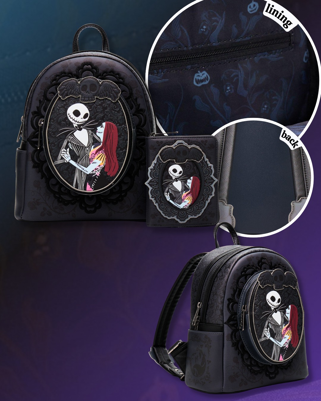 jack and sally mini backpack Loungefly Disney Nightmare Before Christmas Dapper & Sally in her traditional patchwork dress accompanied by a patchwork pillbox hat w real mesh NBX Jack & Sally Hearts