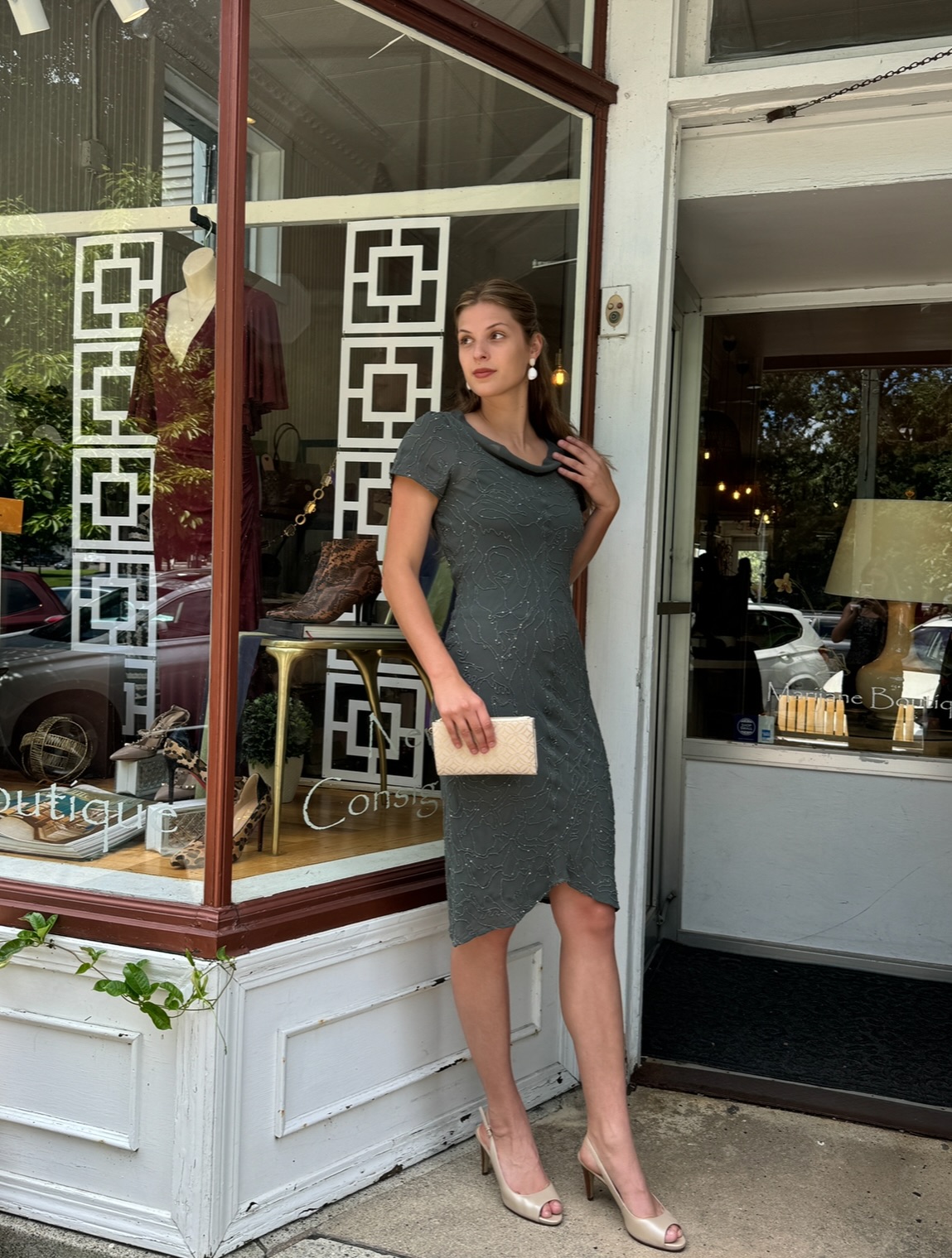 black dress green accessories Slate evening look with neutral Department: Women