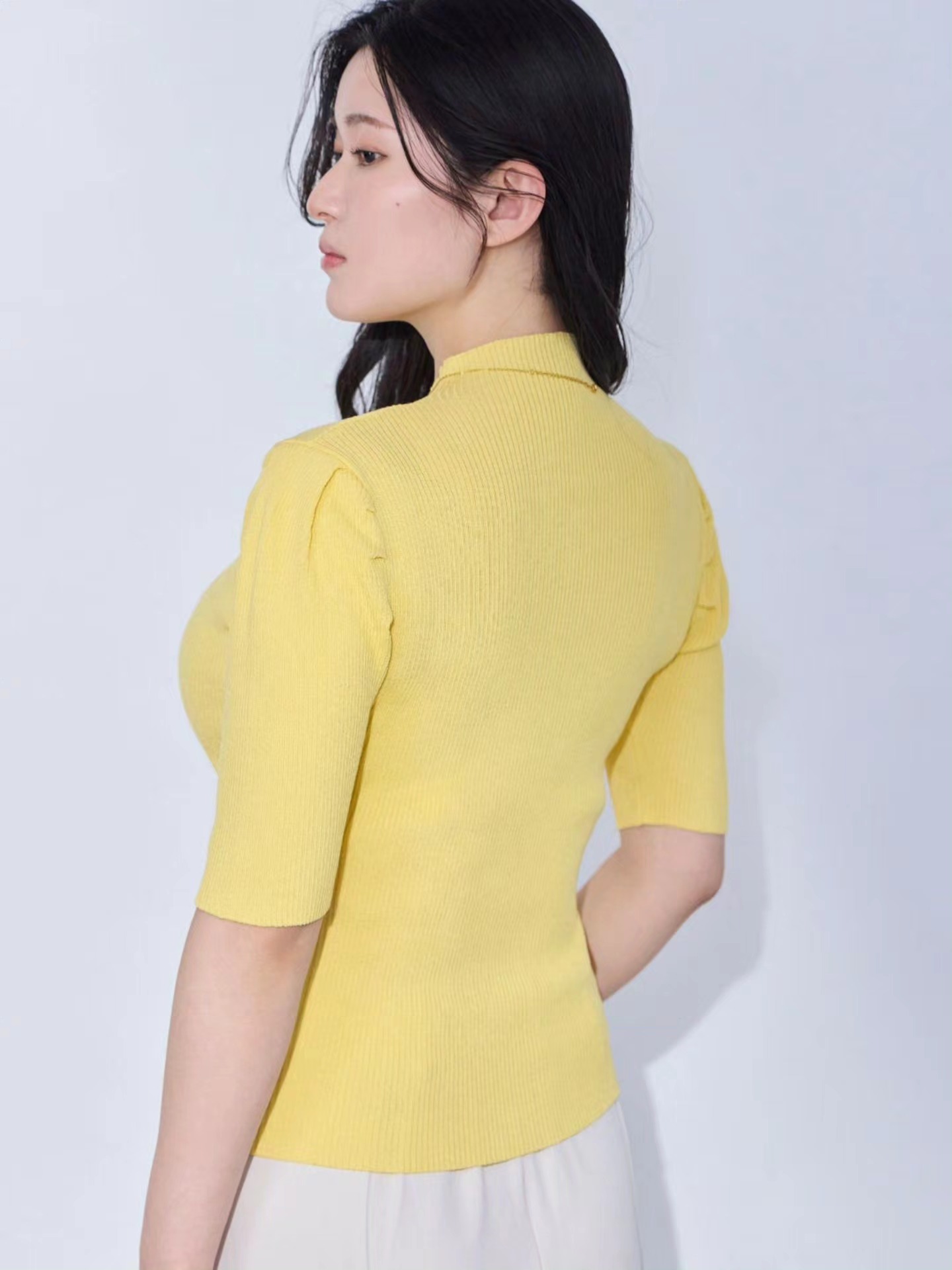 overE【90】プチハイ5分袖サマーパネルニット：イエロー 🍋 ⁡⁡ ⁡人気のプチハイ5分袖パネルニットが 春夏初秋向けのサマー