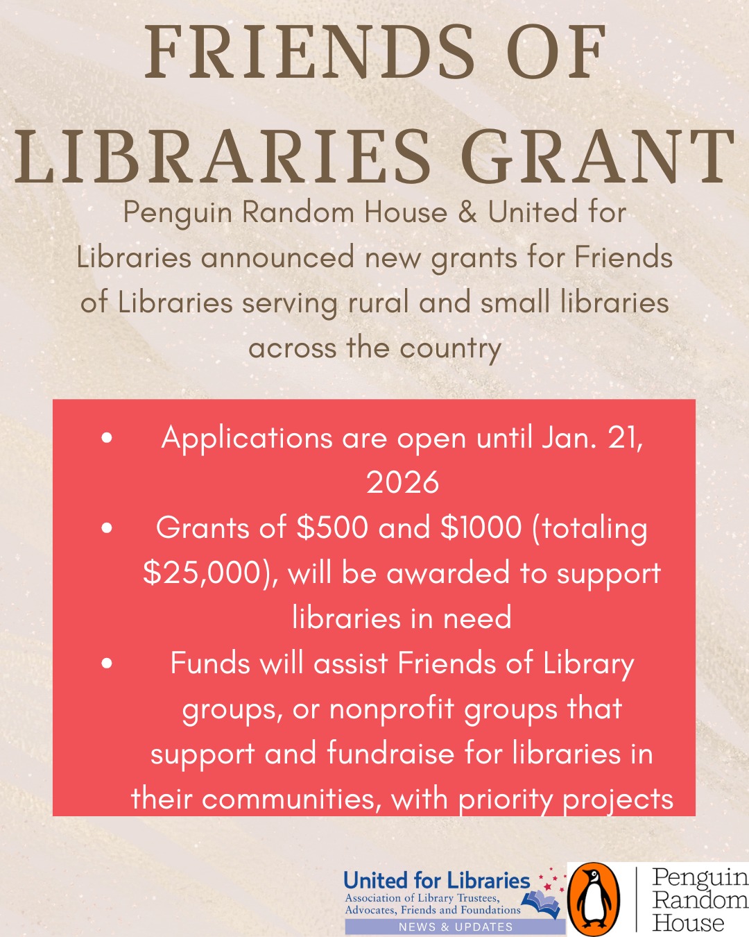 Apply now to the Friends of Libraries Grant! For more information and ...
