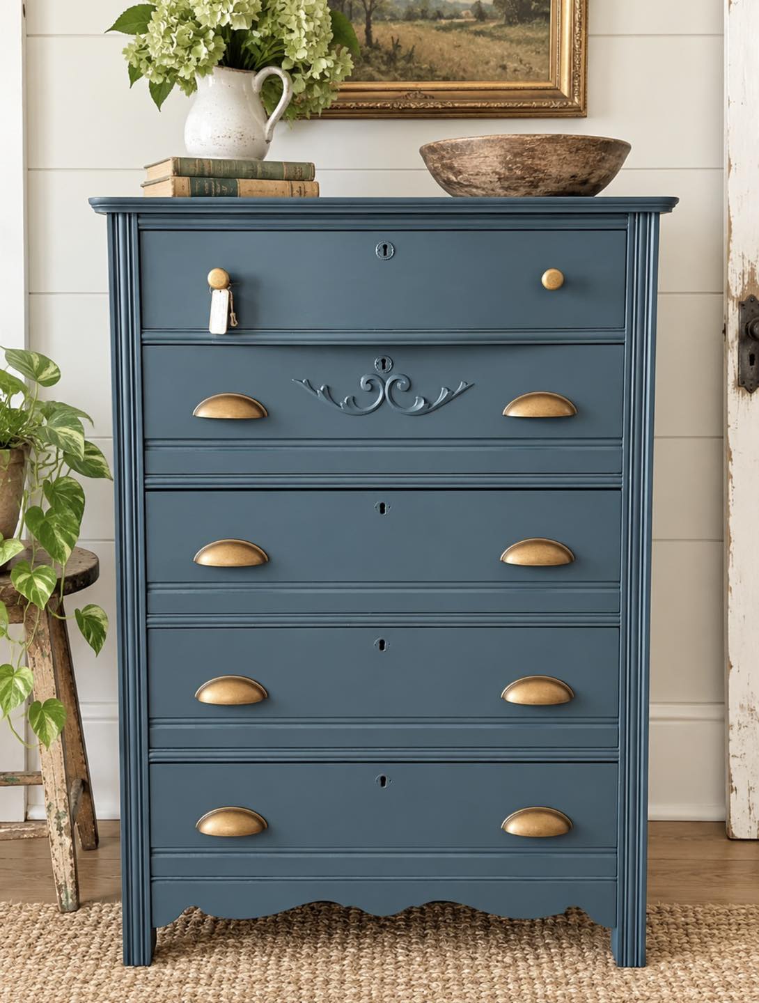 🖤 NEW ARRIVAL from Faye & Ruby's Vintage Finds! 🖤 This gorgeous tall dresser has officially arrived at The Rustic Fox North Aurora! The rich, dark finish paired with warm antique brass