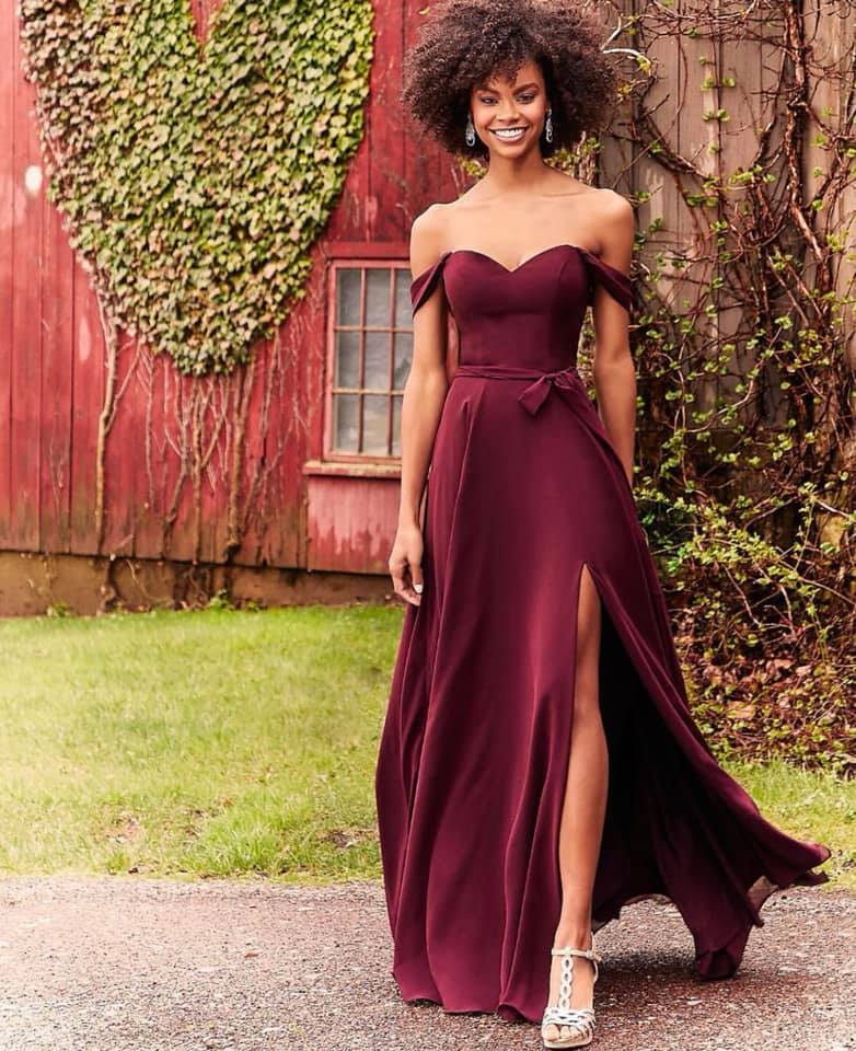 Morilee bridesmaids dress with flowy off the shoulder style