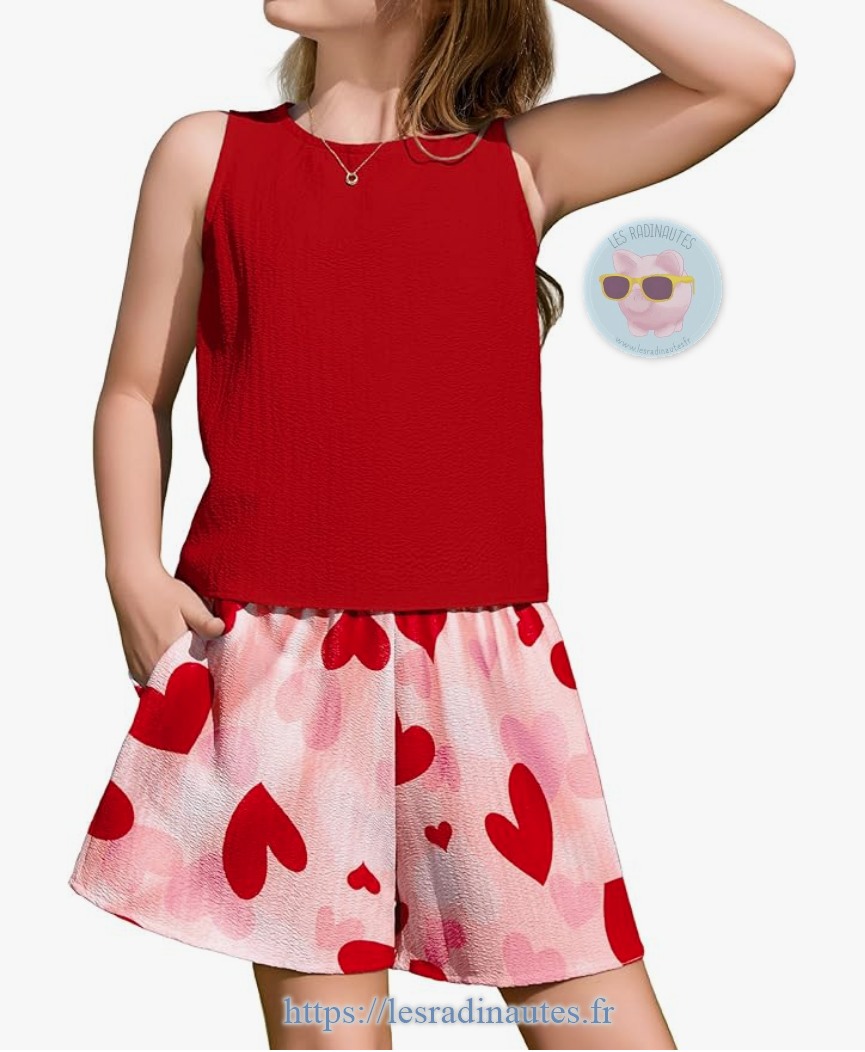 Arshiner Ensemble Été Fille 2 Pièces – Débardeur + Short Taille Élastique, Tissu Léger Respirant, Look Décontracté Plage 5-13 Ans