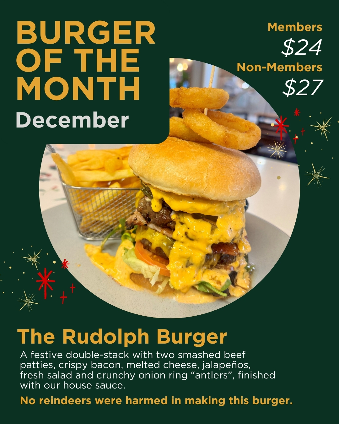 Singleton - The Rudolph Burger is here - double beef, bacon, cheese ...