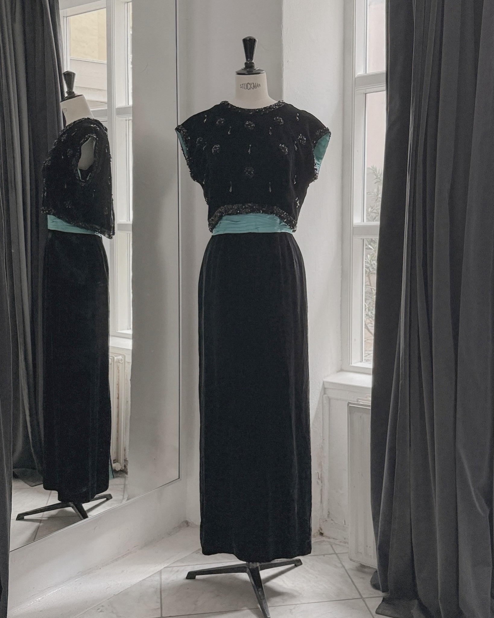 Vintage evening wear with black velvet and aqua silk at The Wilde Shop