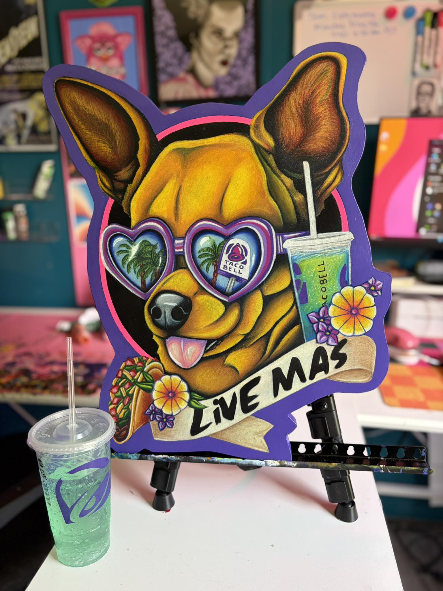 Taco Bell chihuahua woodcut art with Prismacolor pencils