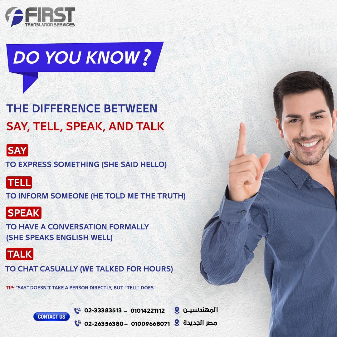 فرست - Do you know the difference between say, tell, speak, and talk? 🤔 ...