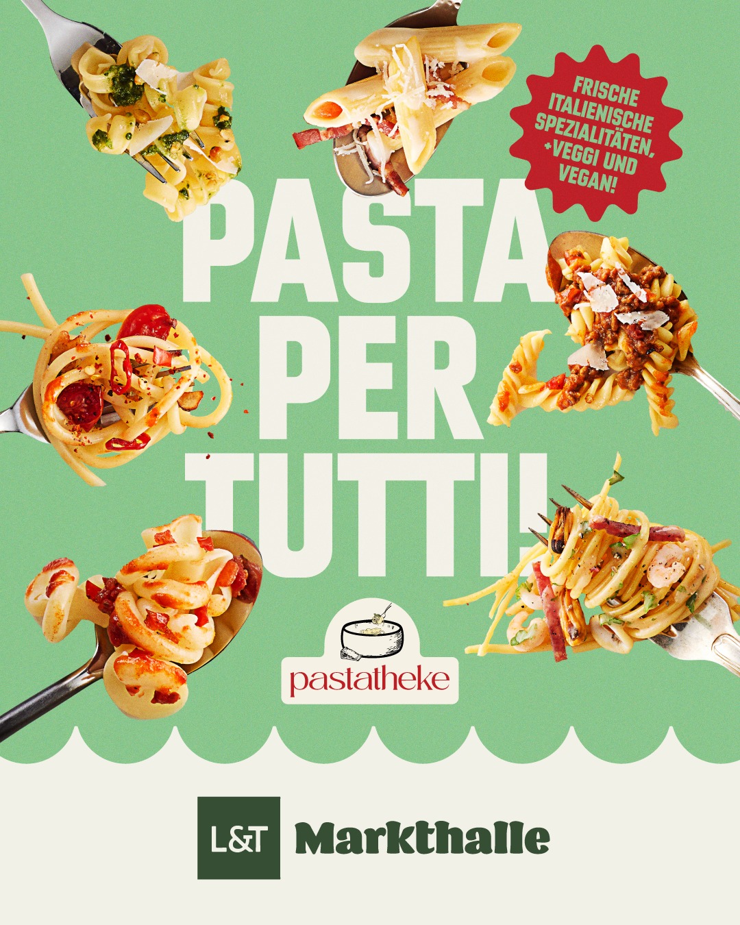 PASTA PER TUTTI!🍝 Heute eröffnet die Pastatheke in der L&T Markthalle. Probiert euch durch frische, klassische Nudelgerichte und italienische Spezialitäten. Natürlich auch in vegetarisch und vegan erhältlich. Als süße Highlights erwarten euch