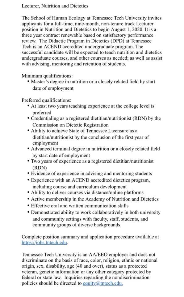 TTU Didactic Program in Dietetics | Cookeville TN