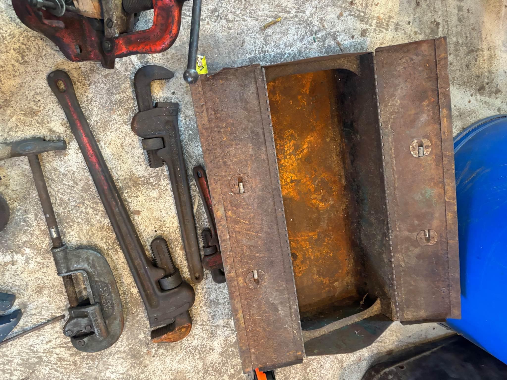 Big Steel Tool Box Loaded With Pipe Cutter,, Pipe Wenches , Bench ...