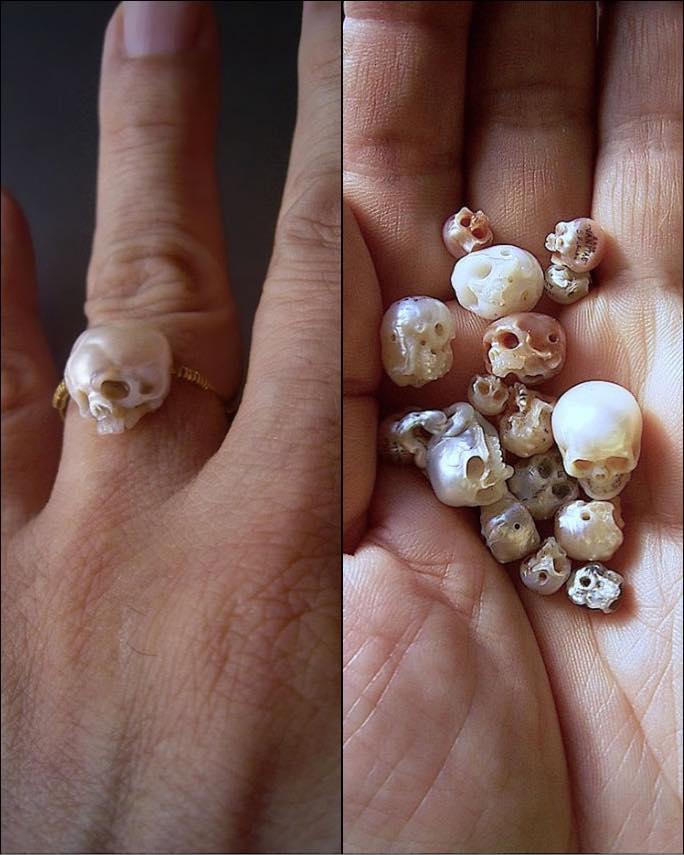 Japanese artist Shinji Nakaba carves pearls into skull-shaped jewelry.