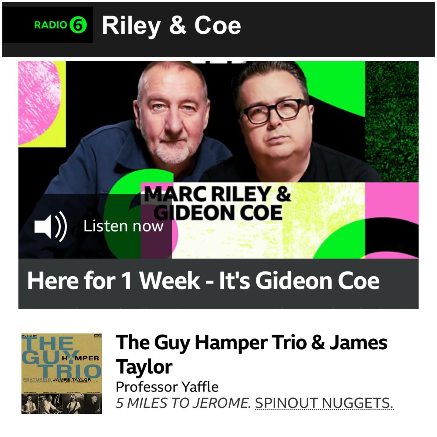 Spinout - Many thanks to Gideon Coe for playing The Guy Hamper Trio’s ...
