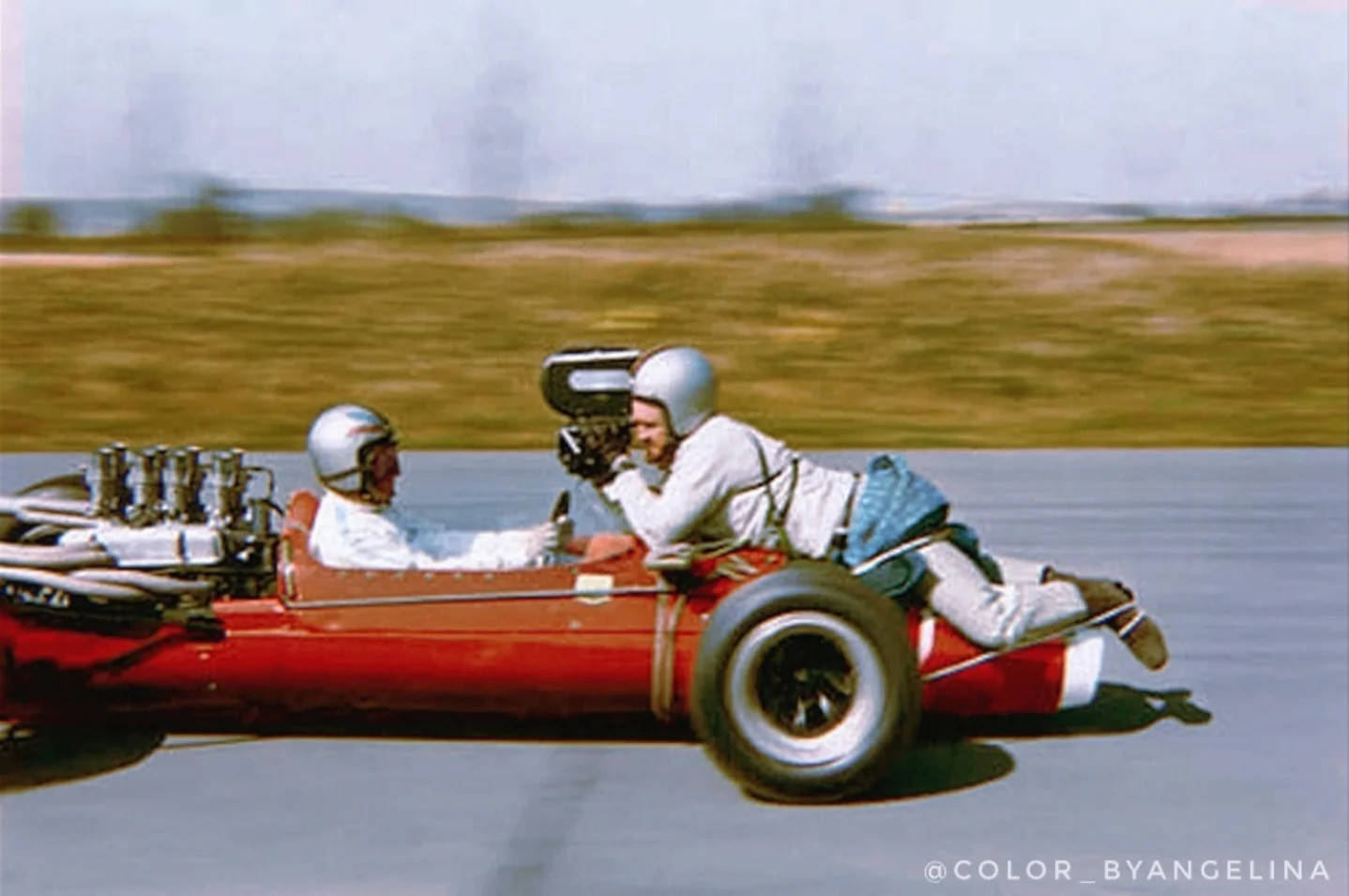 History - A cameraman strapped to the front of a race car for a scene ...